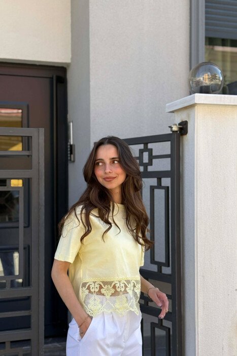 ONE COLOR TULLE DETAIL WOMAN T-SHIRT YELLOW/E VERDHE - 4