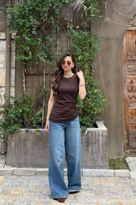 ONE COLOR TULLE DETAIL WOMAN TANK TOP BROWN/KAFE 