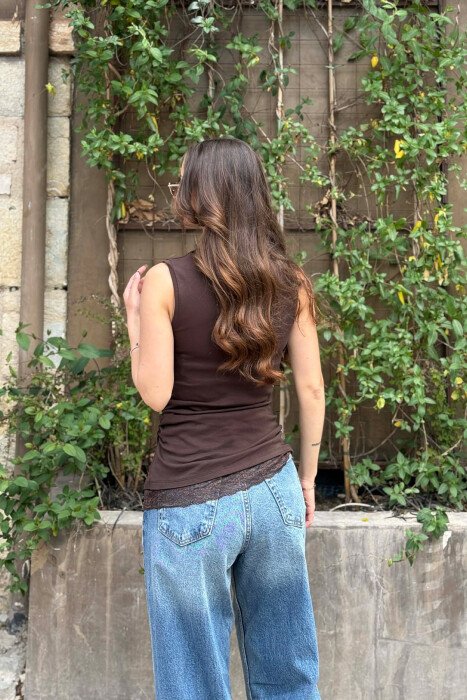 ONE COLOR TULLE DETAIL WOMAN TANK TOP BROWN/KAFE - 3