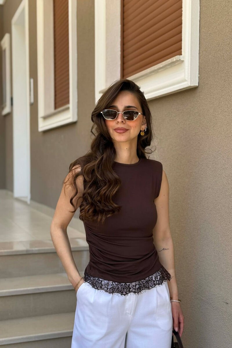 ONE COLOR TULLE DETAIL WOMAN TANK TOP BROWN/KAFE - 1