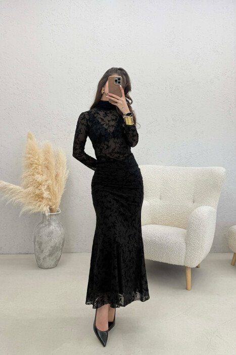ONE COLOR TULLE HIGH NECK SWATSHIRT + LONG SKIRT WOMAN TWO PIECE SET BLACK/ E ZEZE - 1