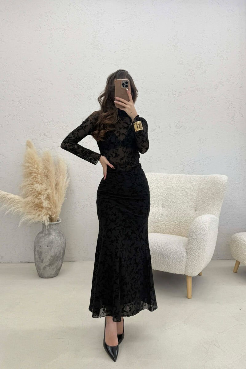 ONE COLOR TULLE HIGH NECK SWATSHIRT + LONG SKIRT WOMAN TWO PIECE SET BLACK/ E ZEZE - 2
