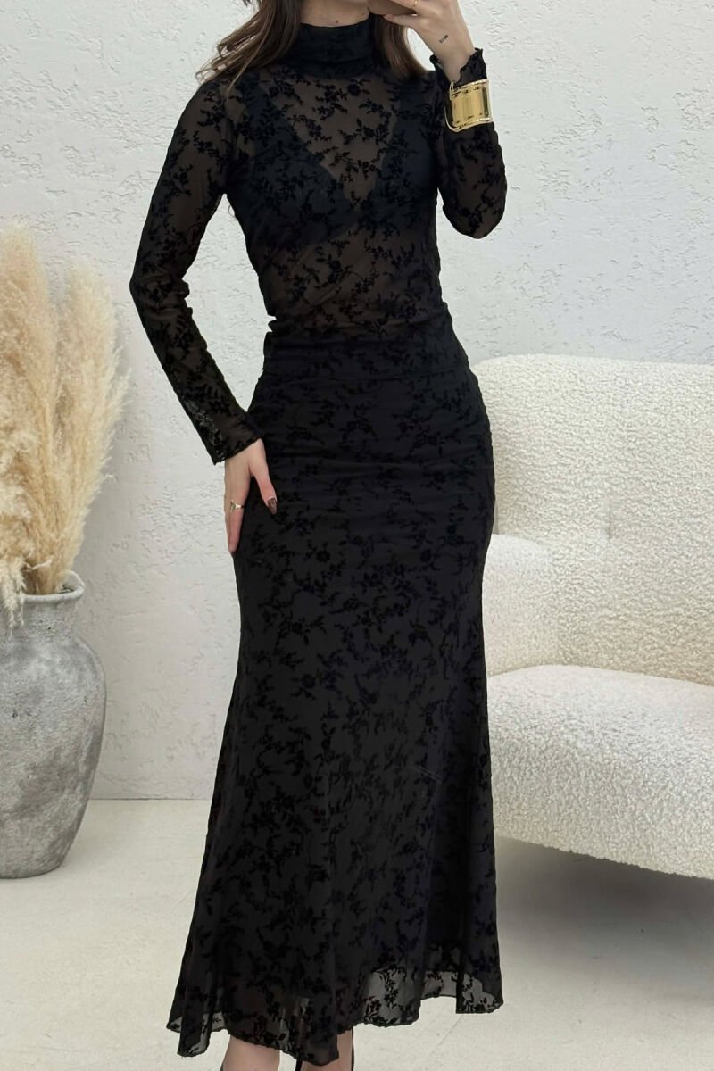 ONE COLOR TULLE HIGH NECK SWATSHIRT + LONG SKIRT WOMAN TWO PIECE SET BLACK/ E ZEZE - 4