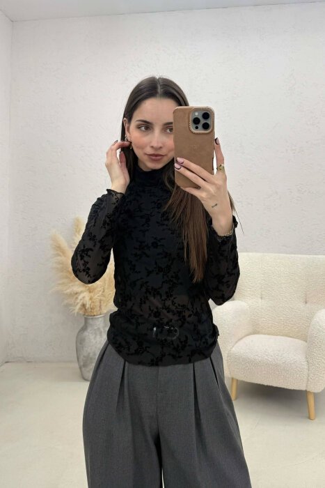 ONE COLOR TULLE HIGH NECK WOMAN SWATSHIRT BLACK/ E ZEZE - KLAUDIO FASHION