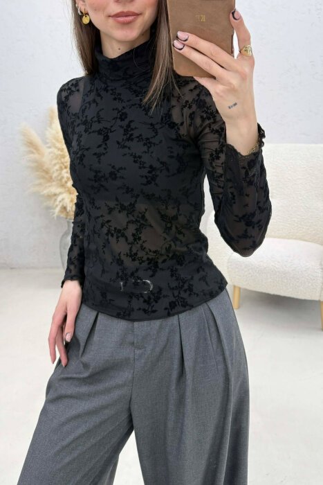 ONE COLOR TULLE HIGH NECK WOMAN SWATSHIRT BLACK/ E ZEZE - 4