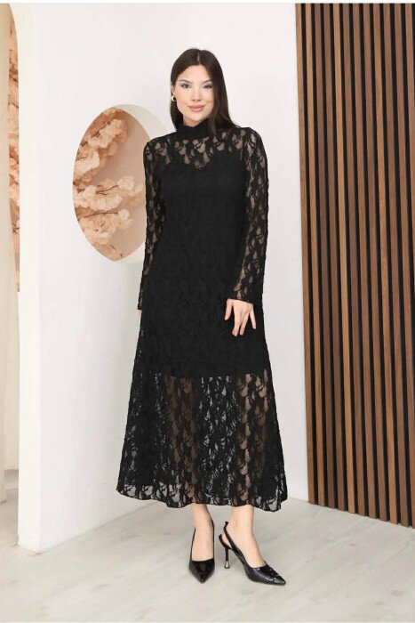 ONE COLOR TULLE LONG SLEEVE WOMAN DRESS BLACK/ E ZEZE - KLAUDIO FASHION