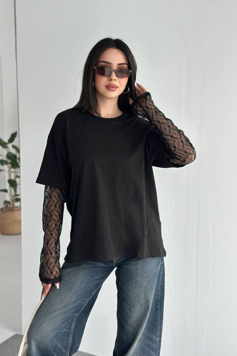 ONE COLOR TULLE SLEEVES WOMAN T-SHIRT BLACK/ E ZEZE - 3