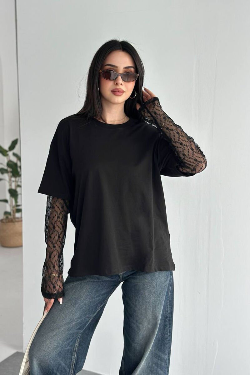ONE COLOR TULLE SLEEVES WOMAN T-SHIRT BLACK/ E ZEZE - 3