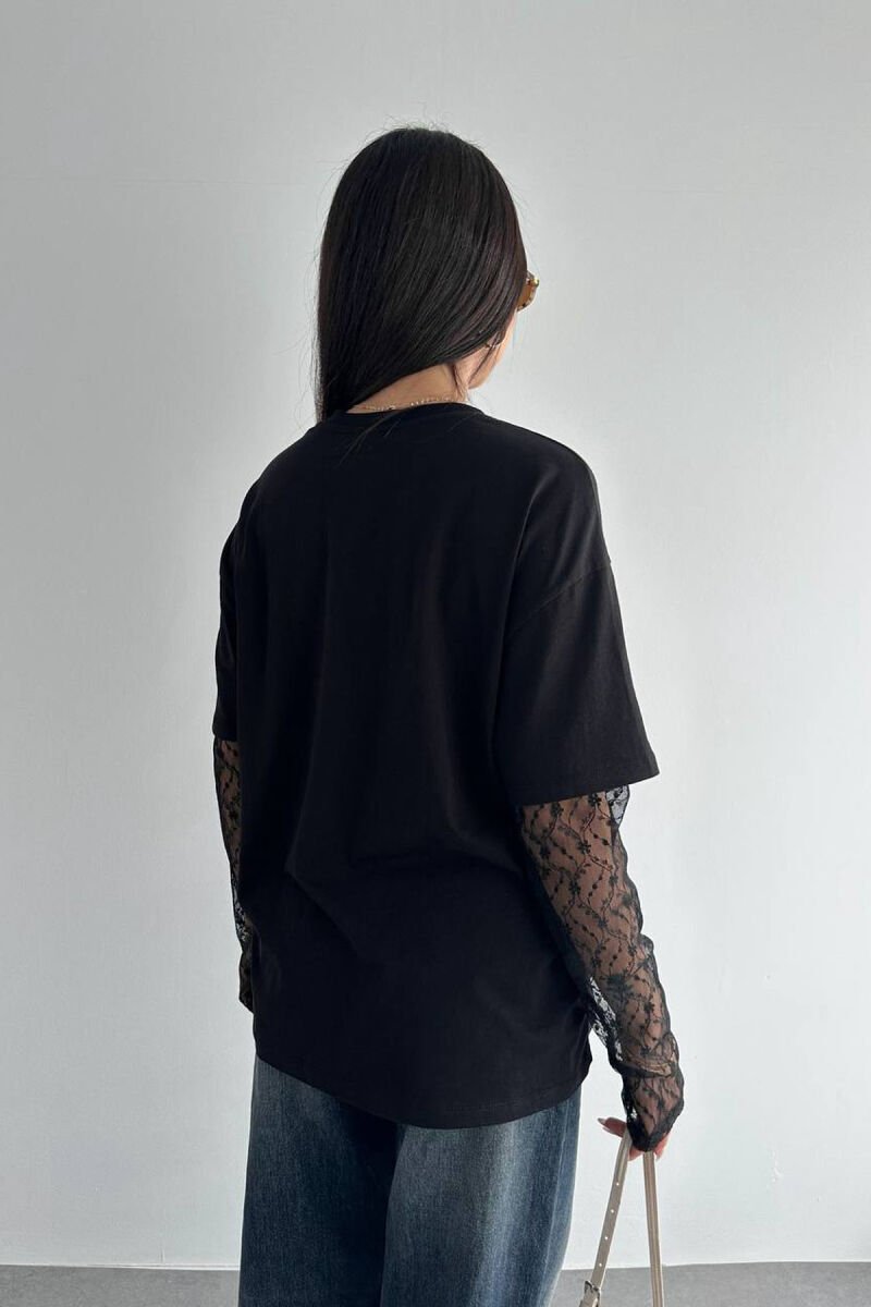 ONE COLOR TULLE SLEEVES WOMAN T-SHIRT BLACK/ E ZEZE - 4