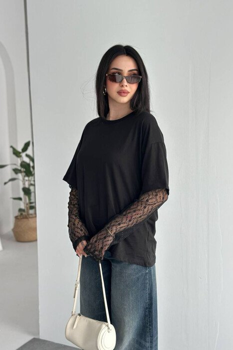 ONE COLOR TULLE SLEEVES WOMAN T-SHIRT BLACK/ E ZEZE - 5