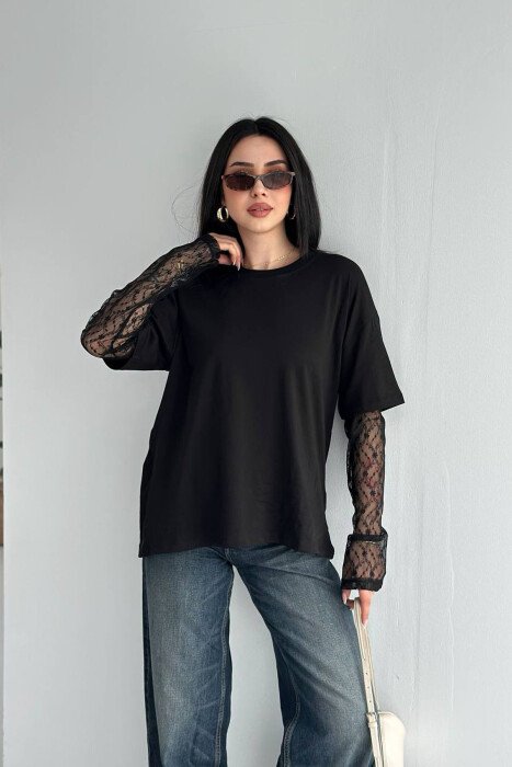 ONE COLOR TULLE SLEEVES WOMAN T-SHIRT BLACK/ E ZEZE - KLAUDIO FASHION