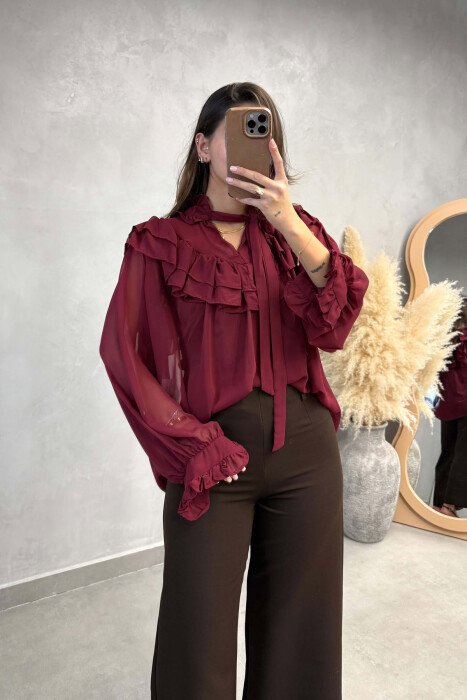 ONE COLOR TULLE WOMAN SHIRT BURGUNDY/VISHNJE - KLAUDIO FASHION