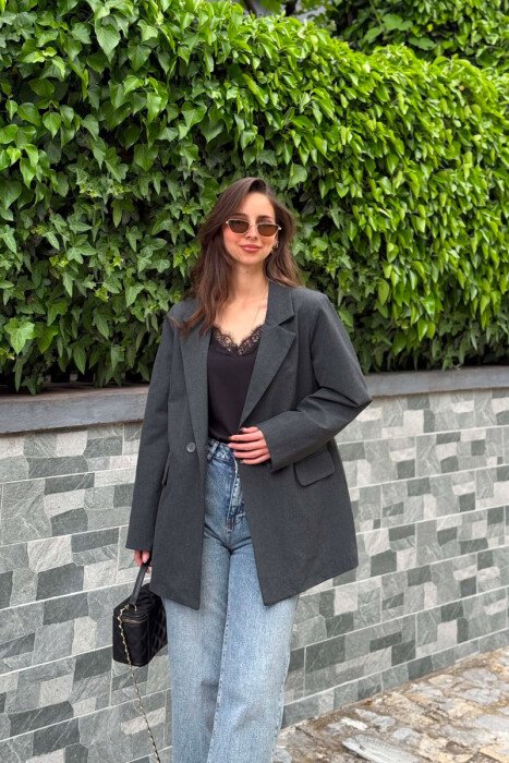 ONE COLOR TWO BUTTONS CLASSIC WOMAN JACKET DARK GREY/GEE - 1