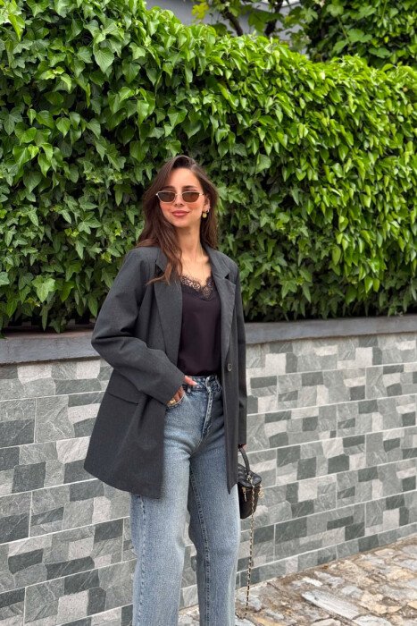 ONE COLOR TWO BUTTONS CLASSIC WOMAN JACKET DARK GREY/GEE - 6