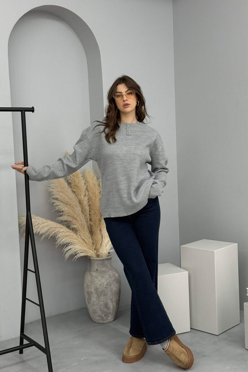 ONE COLOR TWO BUTTONS WOMEN SWEATSHIRT GREY/GRI - 4