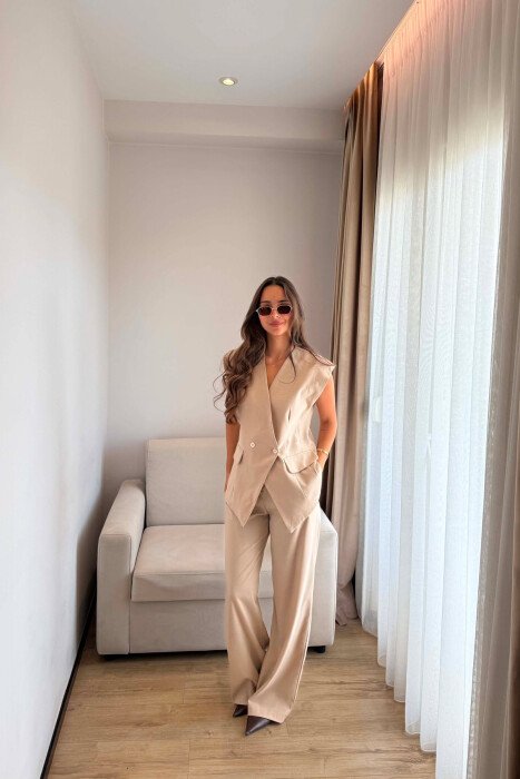ONE COLOR TWO BUTTONS VEST + TROUSERS WOMAN SET BEIGE/BEZHE 