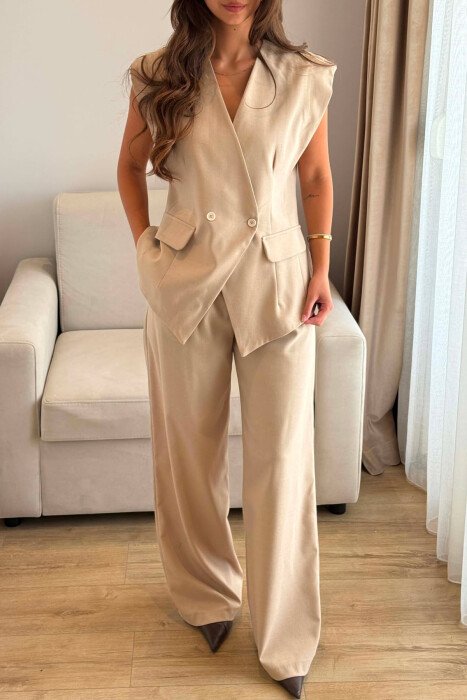 ONE COLOR TWO BUTTONS VEST + TROUSERS WOMAN SET BEIGE/BEZHE - 2