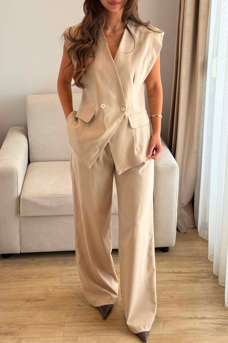ONE COLOR TWO BUTTONS VEST + TROUSERS WOMAN SET BEIGE/BEZHE - 2