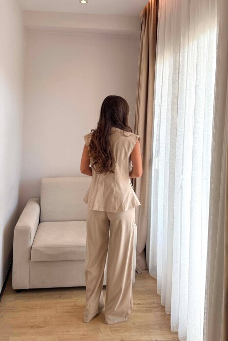 ONE COLOR TWO BUTTONS VEST + TROUSERS WOMAN SET BEIGE/BEZHE - 3