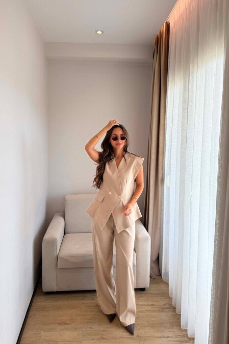 ONE COLOR TWO BUTTONS VEST + TROUSERS WOMAN SET BEIGE/BEZHE - 5