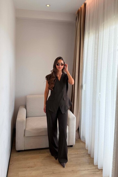 ONE COLOR TWO BUTTONS VEST + TROUSERS WOMAN SET BROWN/KAFE - 2