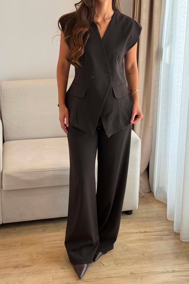 ONE COLOR TWO BUTTONS VEST + TROUSERS WOMAN SET BROWN/KAFE - 3