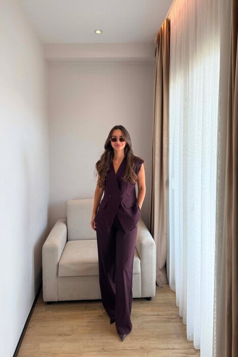 ONE COLOR TWO BUTTONS VEST + TROUSERS WOMAN SET BURGUNDY/VISHNJE - 2