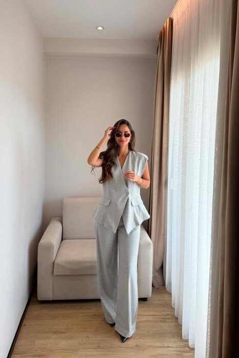 ONE COLOR TWO BUTTONS VEST + TROUSERS WOMAN SET LIGHT GREY/GZ - 2