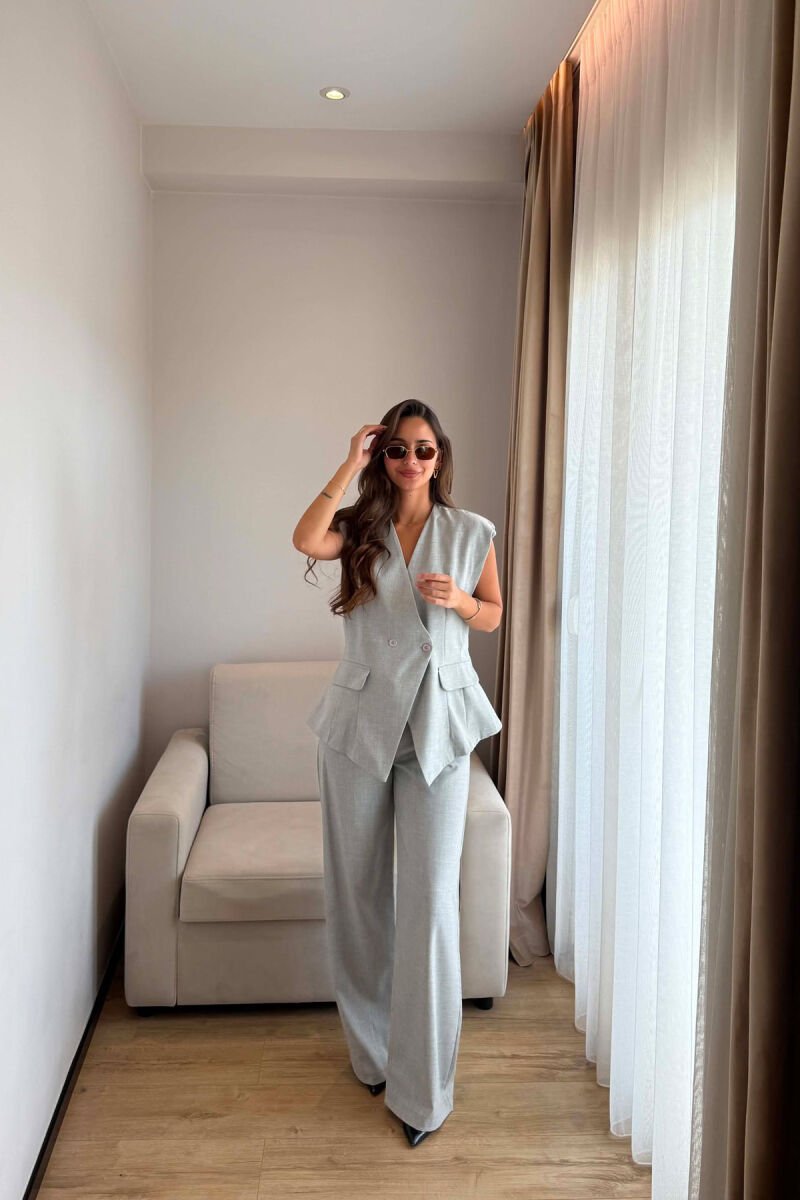 ONE COLOR TWO BUTTONS VEST + TROUSERS WOMAN SET LIGHT GREY/GZ - 2