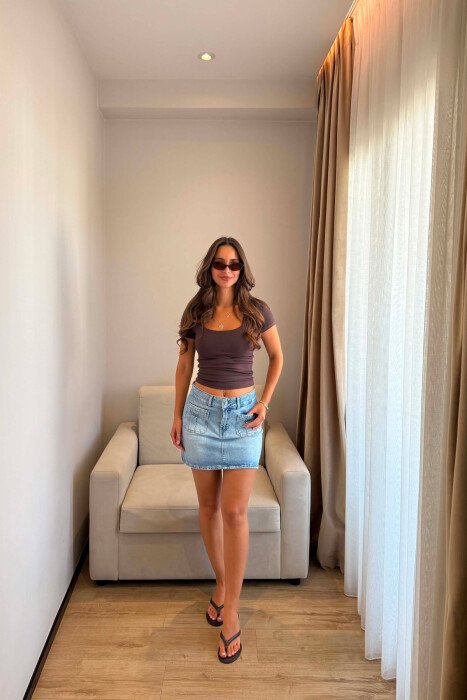 ONE COLOR TWO FRONT POCKETS DENIM WOMAN SKIRT LIGHTBLUE/BZ - 2