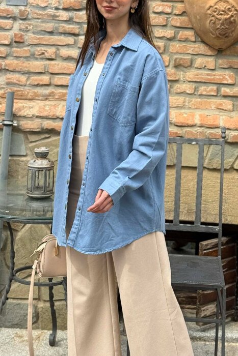 ONE COLOR TWO FRONT POCKETS WOMAN SHIRT LIGHTBLUE/BZ - 5