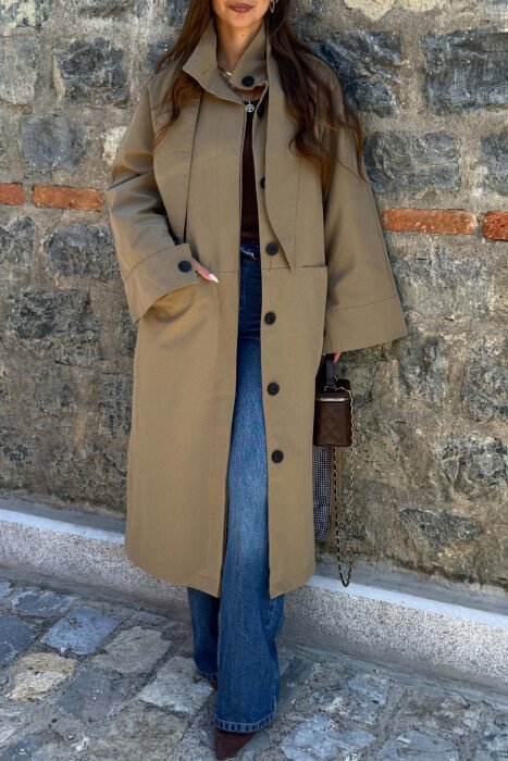 ONE COLOR TWO FRONT POCKETS WOMAN TRENCH COAT KHAKI / KAKI - 5