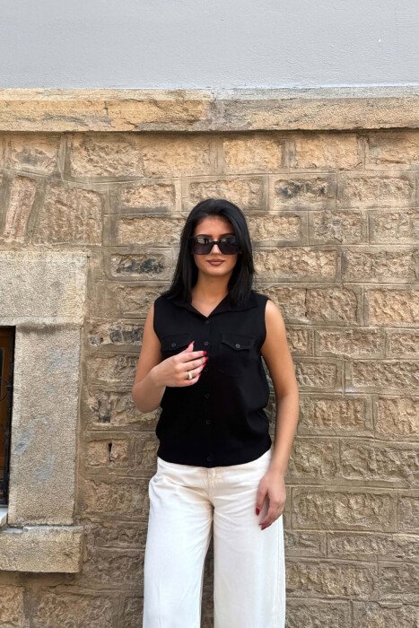 ONE COLOR TWO FRONT POCKETS WOMAN VEST BLACK/ E ZEZE 