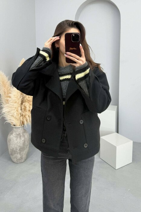 ONE COLOR V NECK BUTTONED WOMAN COAT BLACK/ E ZEZE - 2