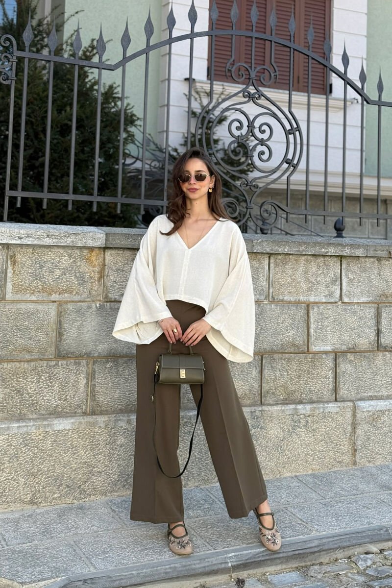 ONE COLOR V-NECK CROP WOMAN SHIRT CREAM/KREM - 2
