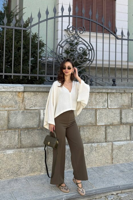 ONE COLOR V-NECK CROP WOMAN SHIRT CREAM/KREM - 3