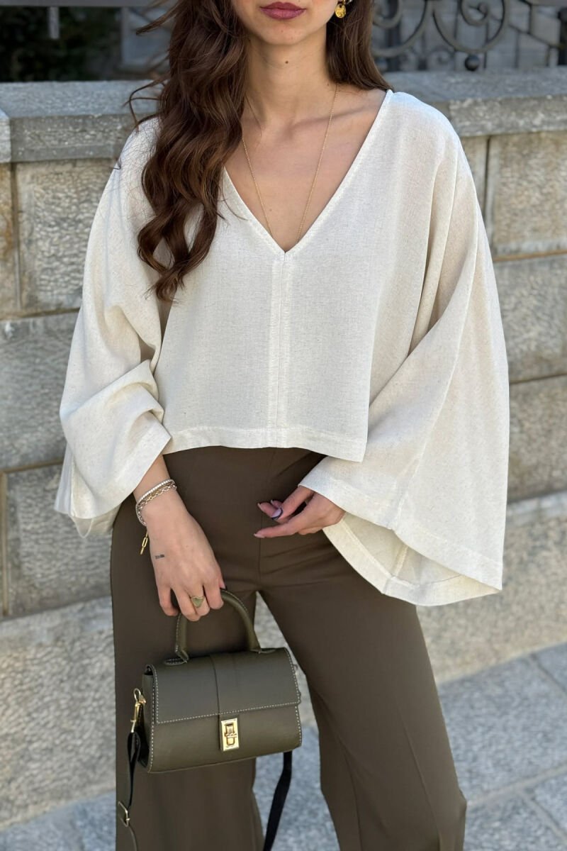 ONE COLOR V-NECK CROP WOMAN SHIRT CREAM/KREM - 4