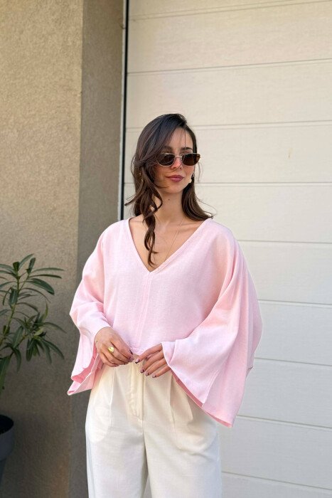 ONE COLOR V-NECK CROP WOMAN SHIRT PINK/ROZE - 1