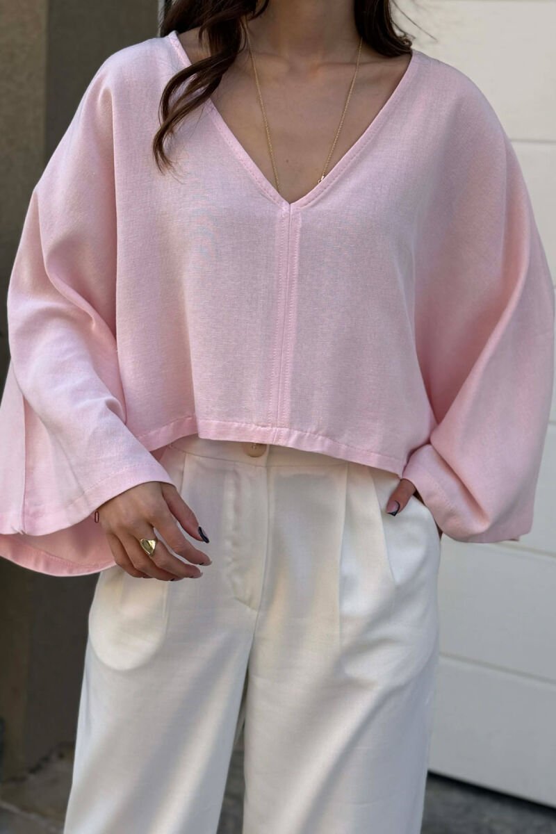 ONE COLOR V-NECK CROP WOMAN SHIRT PINK/ROZE - 3