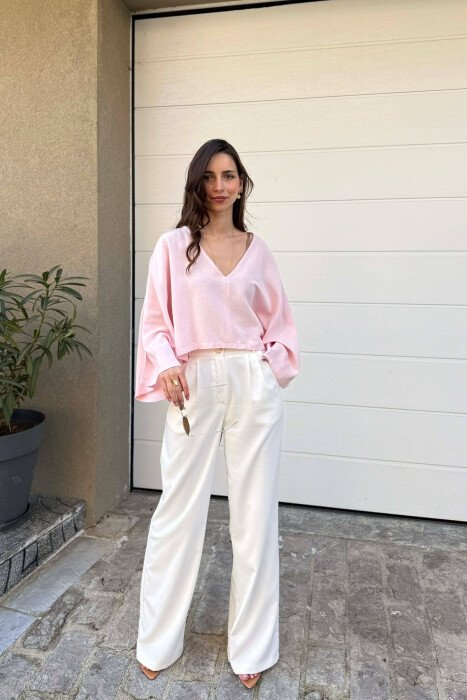 ONE COLOR V-NECK CROP WOMAN SHIRT PINK/ROZE - 4