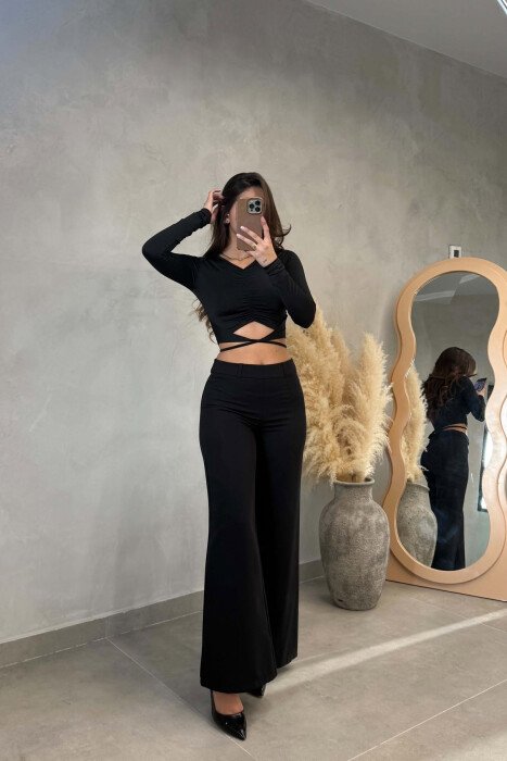 ONE COLOR V NECK CROPPED WOMAN SWEATSHIRT BLACK/ E ZEZE - 4
