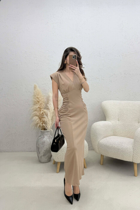 ONE COLOR V NECK CUT OPEN LONG WOMEN DRESS BEIGE/BEZHE - 1