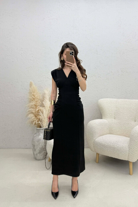 ONE COLOR V NECK CUT OPEN LONG WOMEN DRESS BLACK/ E ZEZE - 1
