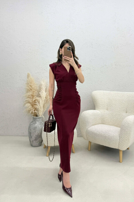 ONE COLOR V NECK CUT OPEN LONG WOMEN DRESS BURGUNDY/VISHNJE - KLAUDIO FASHION