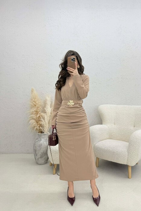 ONE COLOR V NECK GOLD DETAIL BELT LONG WOMEN DRESS BEIGE/BEZHE - 1