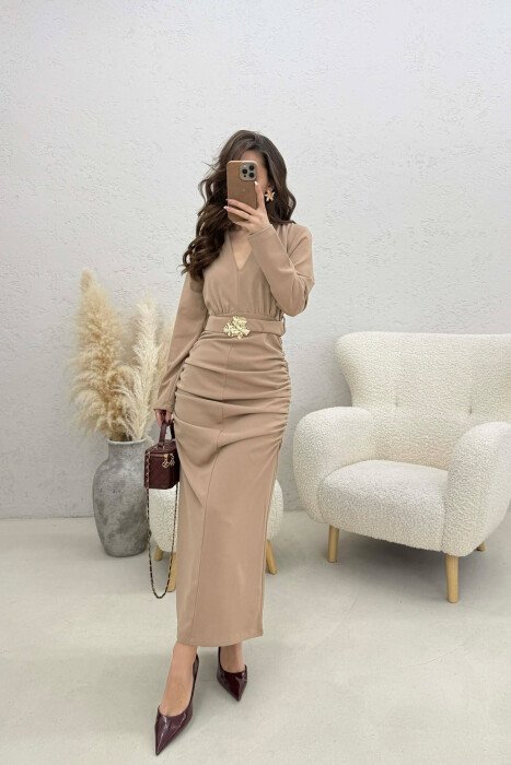 ONE COLOR V NECK GOLD DETAIL BELT LONG WOMEN DRESS BEIGE/BEZHE - 4