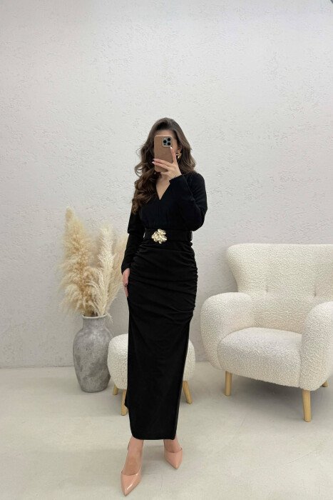ONE COLOR V NECK GOLD DETAIL BELT LONG WOMEN DRESS BLACK/ E ZEZE - 1