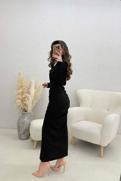 ONE COLOR V NECK GOLD DETAIL BELT LONG WOMEN DRESS BLACK/ E ZEZE - 2