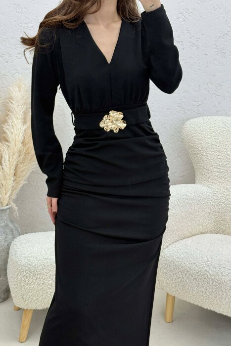 ONE COLOR V NECK GOLD DETAIL BELT LONG WOMEN DRESS BLACK/ E ZEZE - 3