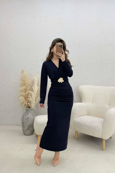 ONE COLOR V NECK GOLD DETAIL BELT LONG WOMEN DRESS BLUE/BLU - 1